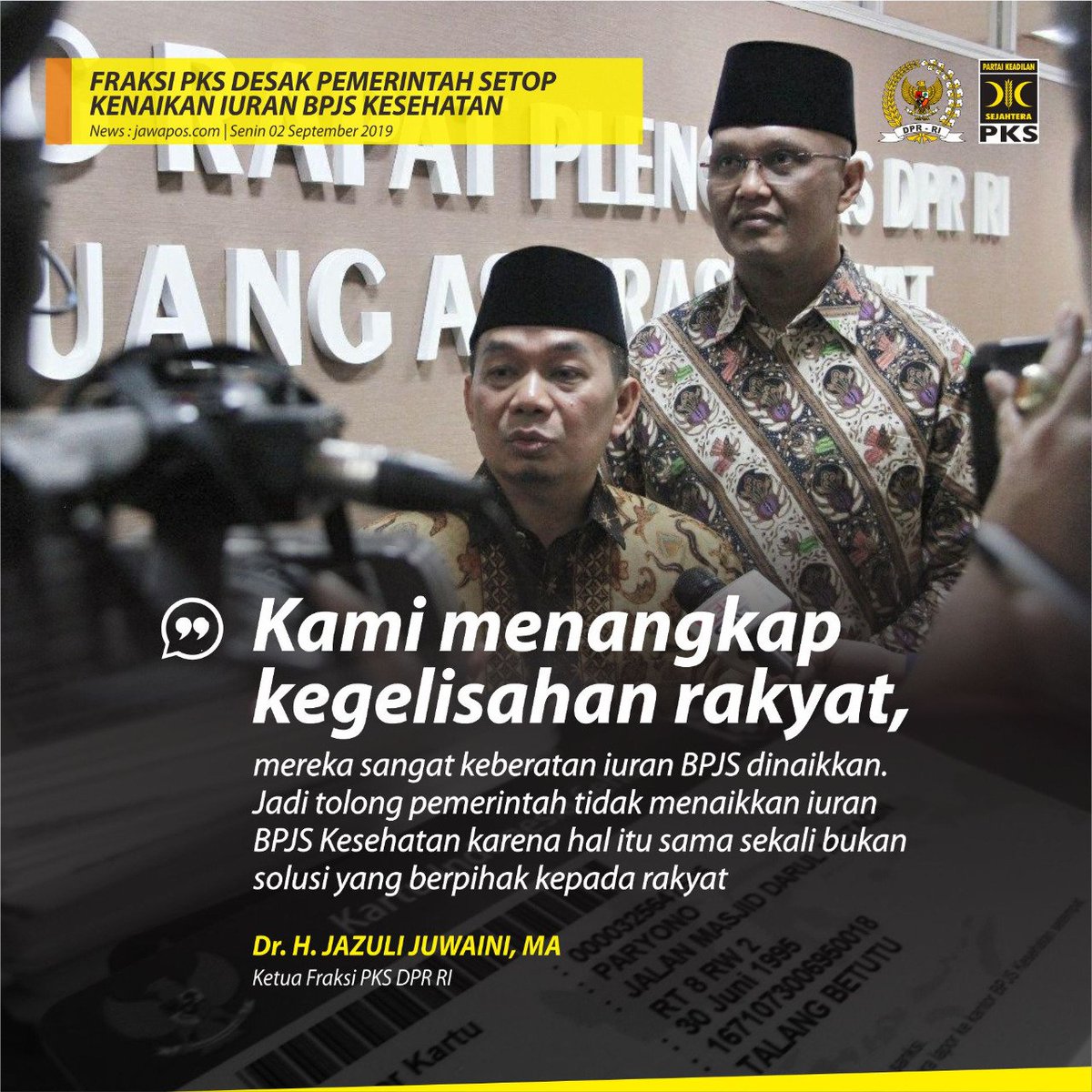 PKSejahtera's tweet photo. BPJS itu ada semestinya karena semangat meringankan beban rakyat. Jika ada masalah dengan BPJS seharusnya pemerintah mencari solusi terbaik dengan tidak membebani rakyat. https://t.co/1f04A3mLiy
