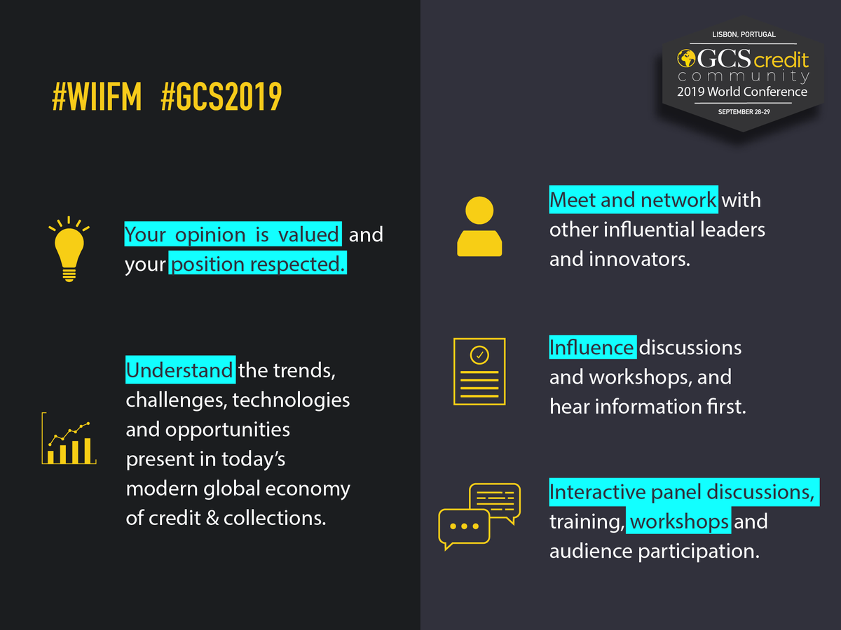 GCSCredit's tweet photo. #GCS2019 offers a wide range of activities for professionals who are interested in trends, challenges &amp; technologies in today's modern global economy.
Register today @http://www.gcs-credit.com/lisbon-2019/ to join the discussion panels from world-renowned influencers of industry. https://t.co/yfCTxPCg2Z