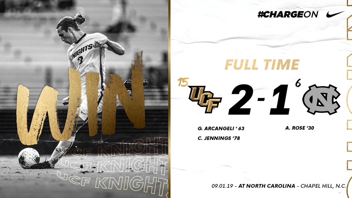 UCF_MSoccer's tweet photo. ⚔️ KNIGHTS WIN! ⚔️

We take down the #6 team in the nation thanks to a pair of second half goals! 

Big win for the brothers! 💪 #ChargeOn https://t.co/2pmKwd3rU0