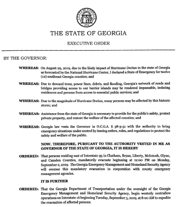 ChathamEMA's tweet image. Starting noon tomorrow, individuals east of I-95 in Bryan, Camden, Chatham, Glynn, Liberty, and McIntosh Counties must evacuate due to Hurricane #Dorian. Will start westerly contraflow on I-16 at 8 AM on Tuesday, Sept. 3. THIS IS ZONE A AND B FOR CHATHAM COUNTY.