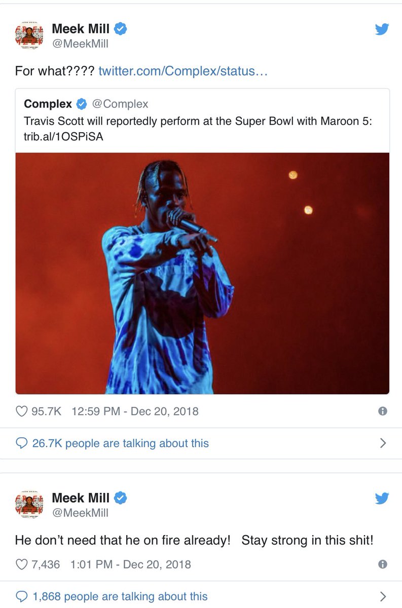 TalbertSwan's tweet photo. 7 MONTHS AGO both JayZ and @meekmill were trashing @trvisXX for performing at the Super Bowl.

“For what???? Stay strong in this sh*t!,” Meek said. 

Seven months later, look who’s performing for the @NFL on opening night Sept 5....MEEK MILL.

So much for “staying strong,“ right? https://t.co/dDcs420HOz