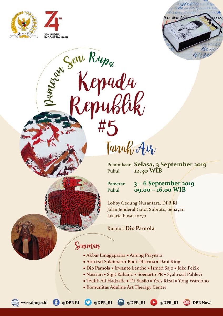 fadlizon's tweet photo. [UNDANGAN] Pameran Seni Rupa Kepada Republik #5 Tanah Air @DPR_RI #HUT74DPRRI https://t.co/XfNwuK75Pe