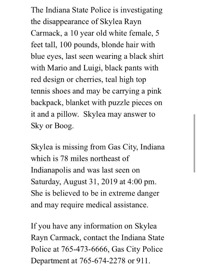 WSBT's tweet photo. IT IS EXTREMELY IMPORTANT TO PASS THIS ON: State police are looking for a 10-year-old girl missing out of Gas City, Indiana. https://t.co/hdDqRez6wH