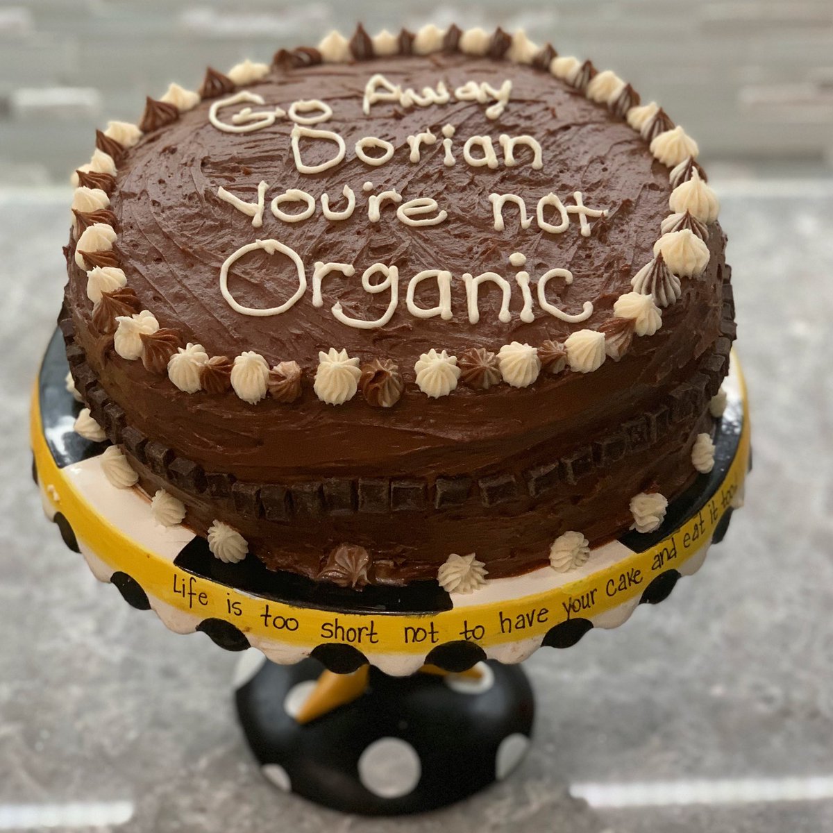 “Go away Dorian, you’re not organic.” Homemade organic chocolate cake. Praying for all of us in the path, stay safe everyone ❤️ #HurricaneDorian #Dorian2019