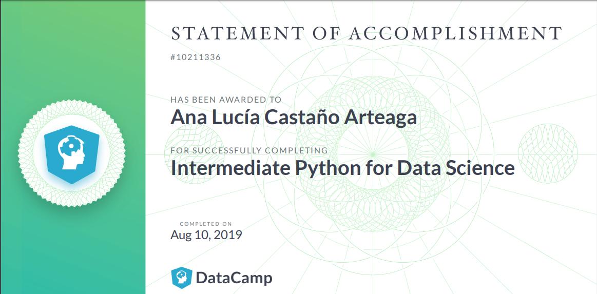 AnaLuciaCastano's tweet photo. Finalicé el curso de Intermediate Python for Data Science, gracias a @datasciencefem y @datacamp #datachallenge90fem https://t.co/YZUc7fXBgV