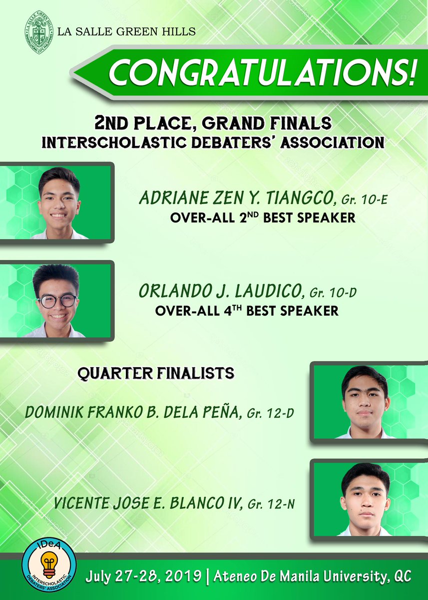 lsgh1959's tweet photo. #LSGHPride:
Adriane Zen Y. Tiangco, Gr. 10-E
Orlando J. Laudico, Gr. 10-D
Dominik Franko B. Dela Peña, Gr. 12-D
Vicente Jose E. Blanco IV, Gr. 12-N

INTERSCHOLASTIC DEBATERS’ ASSOCIATION INVITATIONAL
LSGH Debate Society Moderator: Ms. Camille Ciruela

#animoLSGH https://t.co/2yWTrxQiwf