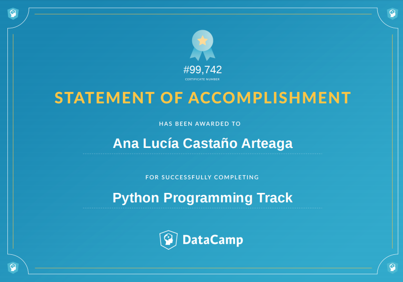 AnaLuciaCastano's tweet photo. Finalicé el skill de Python Programming, gracias a @datasciencefem y @datacamp #datachallenge90femv https://t.co/xpj6oCDarK
