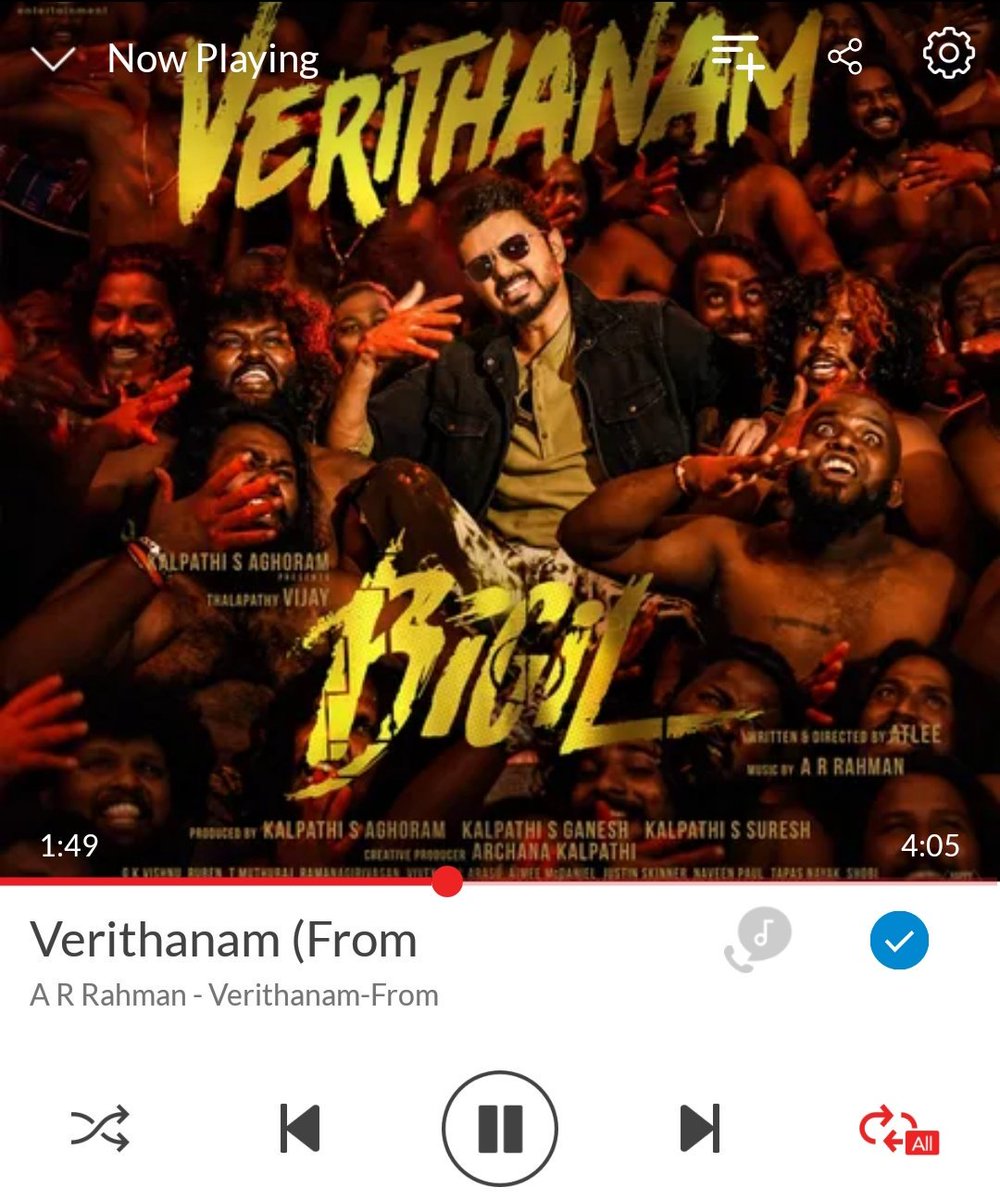 ImRo_Vj's tweet photo. #Verithanam on repeat mode 🎧
#Bigil
#Wync music
@Jagadishbliss @archanakalpathi @Atlee_dir @arrahman @Lyricist_Vivek https://t.co/CvcmFeMBZr