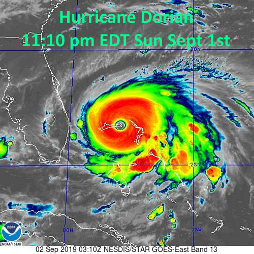 NWSEastern's tweet photo. At 11 pm Dorian was 135 mi E of West Palm Beach FL moving to the west @ 6 mph with max winds of 180 mph. A slower W to WNW motion is forecast for the next day or so, then a gradual turn toward the NW, bringing Dorian dangerously close to the Florida coast late Mon thru Tue night. https://t.co/oBZeARY9MV
