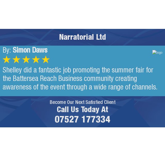 NarratorialL's tweet photo. 5 Star: Simon D. "Shelley did a fantastic job promoting the summer fair for the Battersea Reach Business..." https://t.co/nOqTD8PQkp https://t.co/V682owHaZf