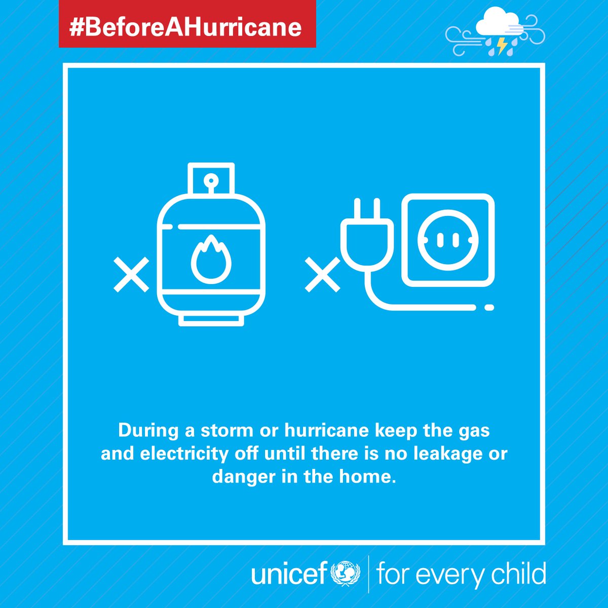 uniceflac's tweet photo. 📢 #BeforeAStorm
During a storm or hurricane keep the gas and electricity off until there is no leakage or danger in the home.
#Bahamas #Dorian @UNICEFECA https://t.co/cVNg0ipbIo