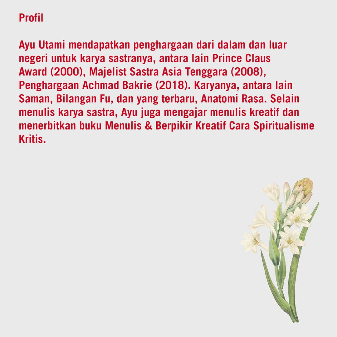 Ayu Utami (<a href="/BilanganFu/">Ayu Utami</a>) akan berbagi pandangannya model &amp; sistem pengetahuan lokal yang selama ini tidak menjadi arus utama dalam paradigma kita. Bertajuk RASA: ALTERNATIF MODEL EPISTEMOLOGI LOKAL. Menghadirkan Ayu Utami. Senin, 2 September Pkl. 15.00-17.00.