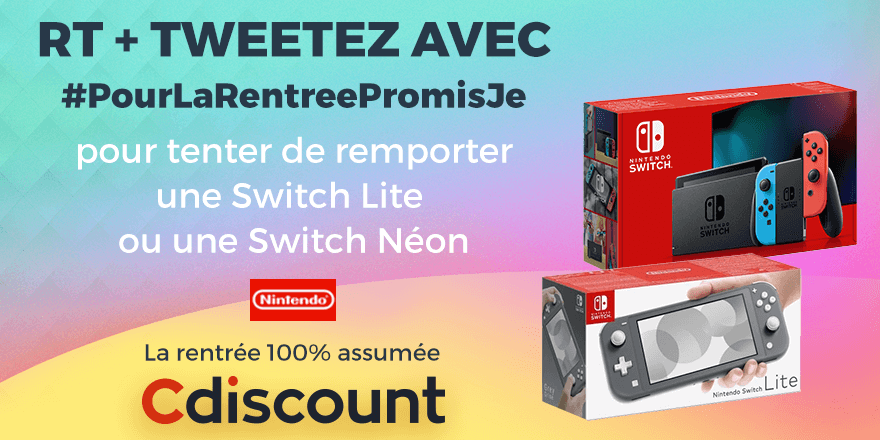 Cdiscount's tweet image. 🎁 #Concours
👉 RT et tweetez avec #PourLaRentreePromisJe 

Une personne remportera une Switch Lite
✔ bit.ly/2ZolUVm
Et une autre, la Switch Neon
✔ bit.ly/2ZwXPMd

Tweetez le haut et fort !

⏲ TAS à 18h