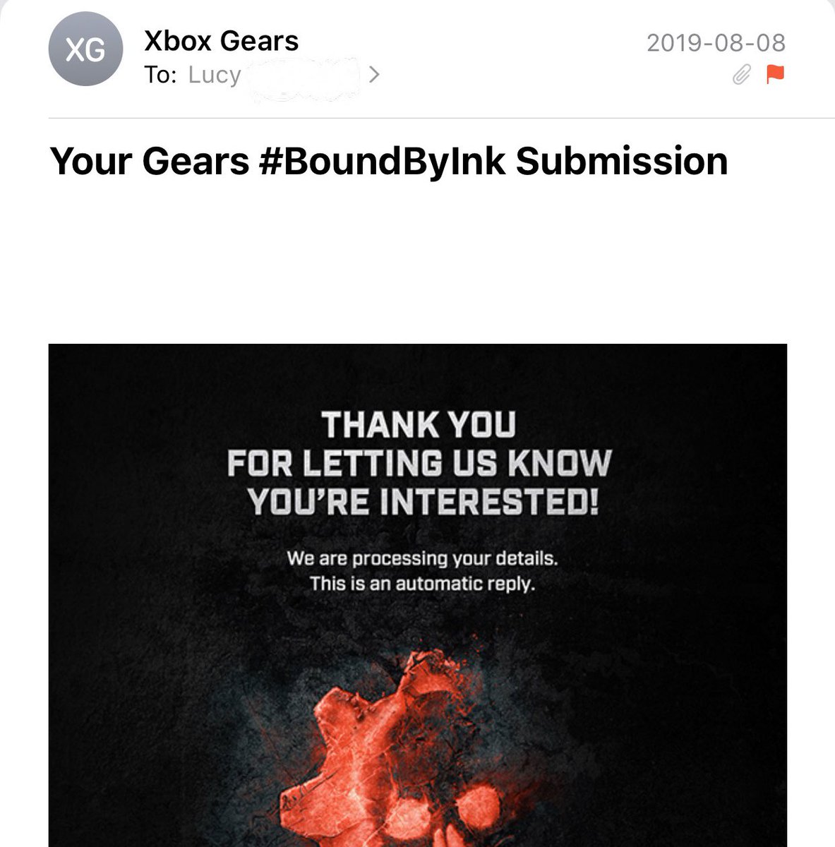 CRIMS0NGUARDX's tweet photo. Welp I’m assuming I didn’t make it in da pool for #BoundByInk in Vancouver 🇨🇦since the person that it was ‘To’ was not me; but somehow came to my email to which I used to enter 🤦🏻♂️🤷🏻♂️ (tried contacting a few times; but no response unfortunately) — #Gears5 @GearsViking @GearsofWar https://t.co/HKH55IClbd