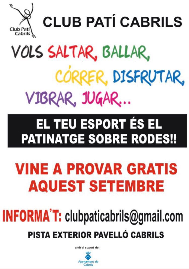 ajcabrils's tweet photo. A #Cabrils... fem esport!!
🗓 A partir d'avui i durant el mes de setembre pots provar el PATINATGE sobre RODES al @cpaticabrils 🎉 

Prova-ho!!
📍 Pista exterior del Pavelló de Cabrils https://t.co/zzWj1JoBwe