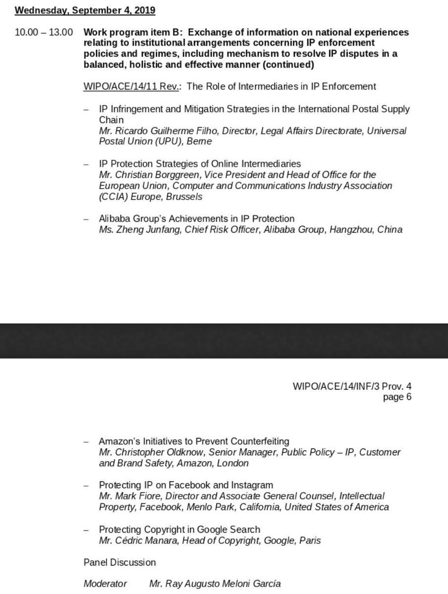 ThiruGeneva's tweet photo. 4 Sept 2019 - Universal Postal Union, CCIA, Alibaba, Amazon, Facebook, and Google will speak in seminar on national experiences relating to institutional arrangements concerning IP enforcement policies and regimes, including mechanism to resolve IP disputes @WIPO #ACE14 https://t.co/T2pG5VpuyY