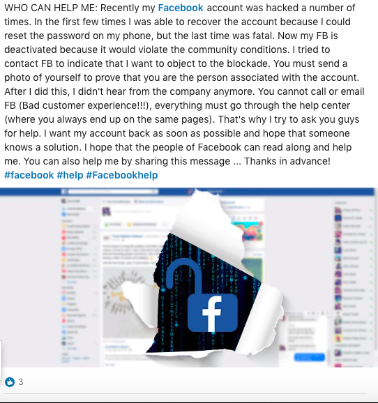 CWallecan's tweet photo. #HELP: Recently my @facebook account was hacked. In  1st time I was able to recover the account. Now my FB is deactivated because it would violate the community conditions. Now I can't access my account anymore. Who can help? You cannot call or email #facebook #badcustomerservice https://t.co/GsxQctCwCo