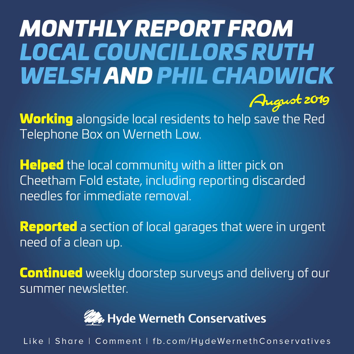 As your local ward councillors, Ruth Welsh and I always work hard in our community, this is just a sample of the work we do. Our residents know that we work hard for them all year round. #MonthlyReport #Conservatives #Conservative #HydeWerneth #workhardplayhard