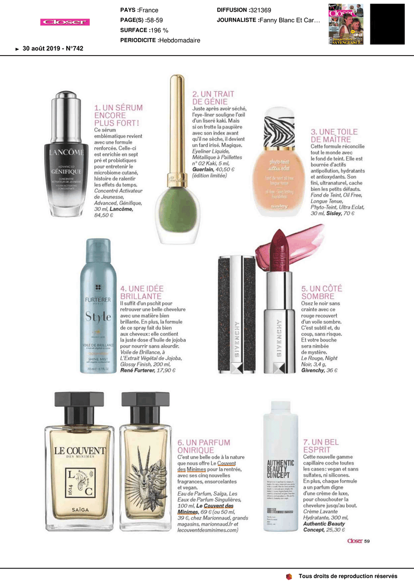 LeCouventFR's tweet photo. "A dreamlike fragrance, an ode to nature..." 😍- Thank you @closerfr for mentioning our 'Eaux de Parfums Singulières' !
#lecouventdesminimes #leseauxdeparfumsingulieres #jeanclaudeellena #bestperfumerintheworld #HauteParfumerie #vegan #green #perfume https://t.co/7Pxa01YVku