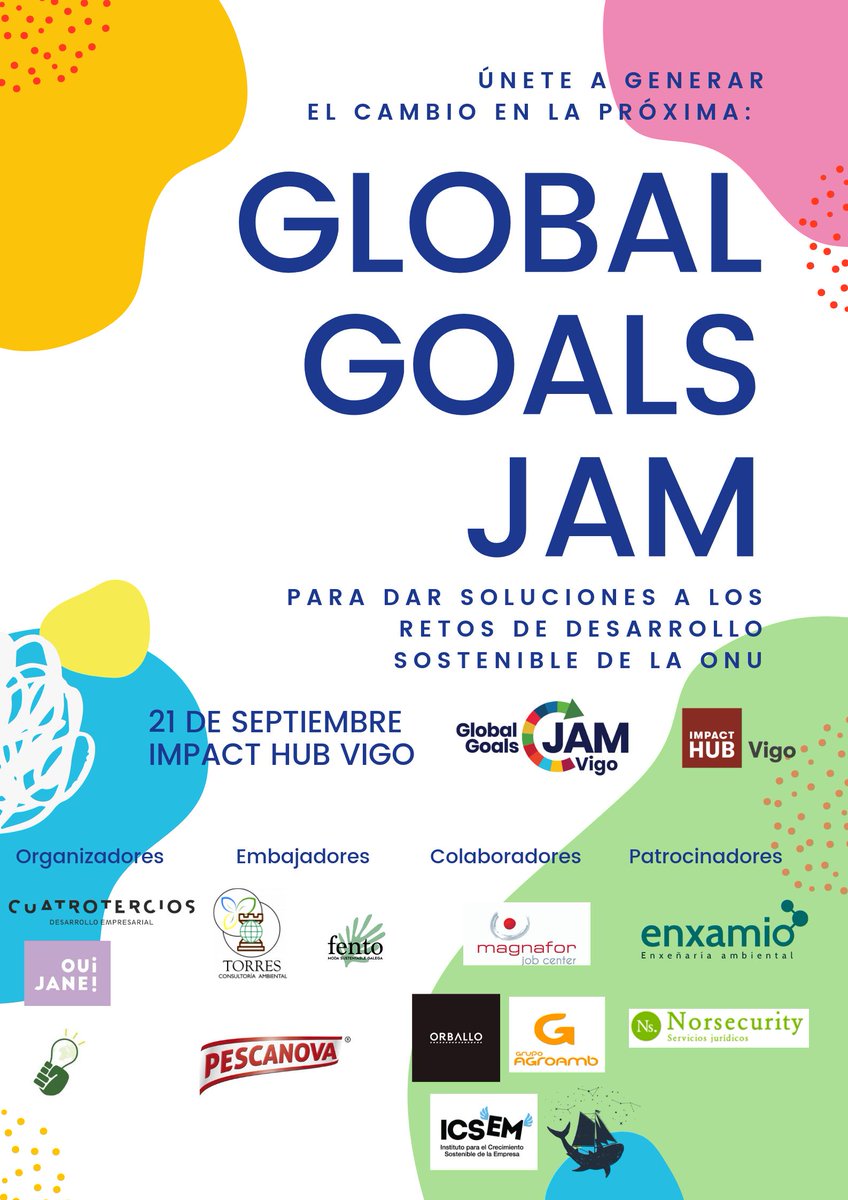 Ponemos a Vigo en el mapa de la innovación y el trabajo colaborativo para trabajar los #ObjetivosDesarrolloSostenible propuestos por el Programa de las Naciones Unidas para el Desarrollo (UNPD) en el #GlobalGoalsJamVigo2019! Apúntate ya bit.ly/GlobalGoalsJam…