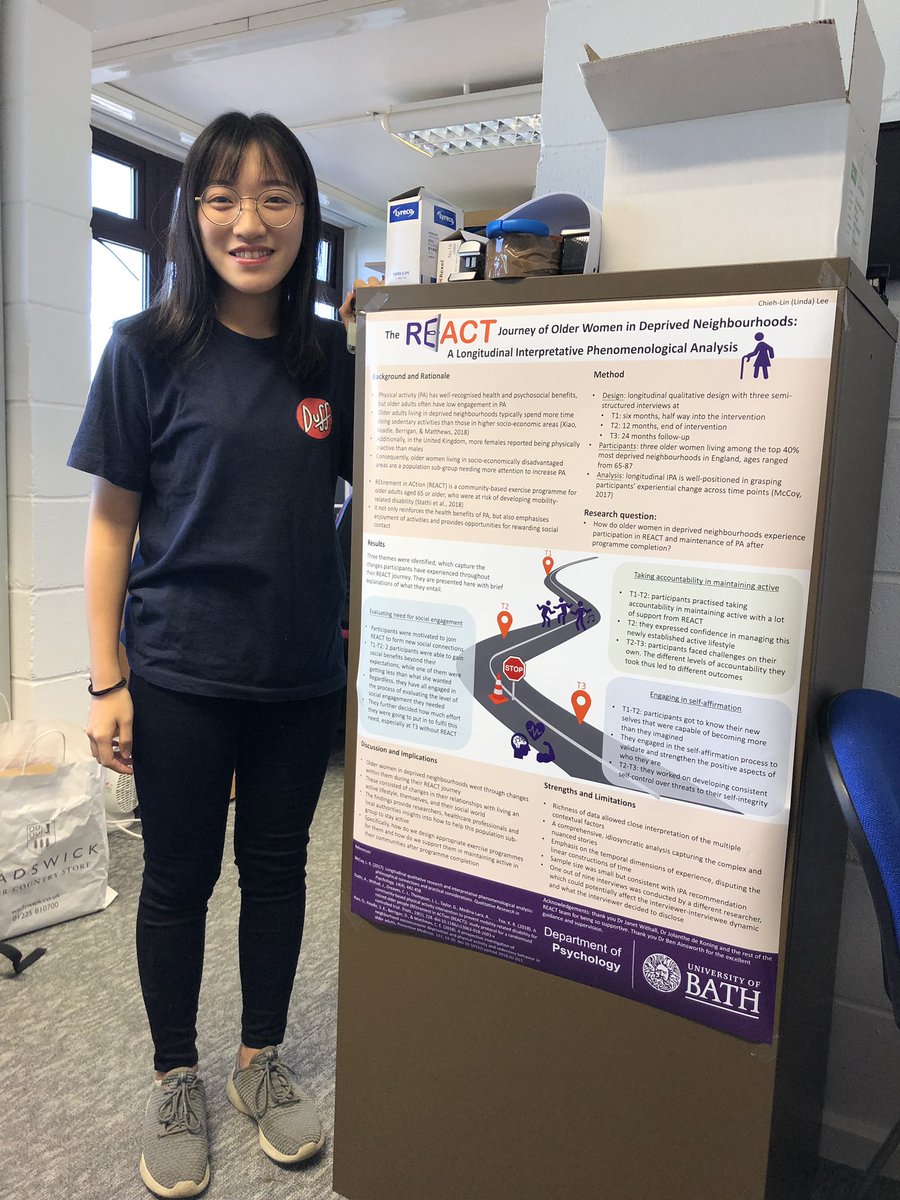 TheREACTstudy's tweet photo. Our fantastic placement student, Linda, has finished her Interpretative Phenomenological Analysis on long-term PA motivations of older women.

And won best poster award! 🥇 

@UniofBath @UniofExeter @unibirmingham #activeageing #older #physicalactivity #health #motovation https://t.co/6PN9tEpBSF