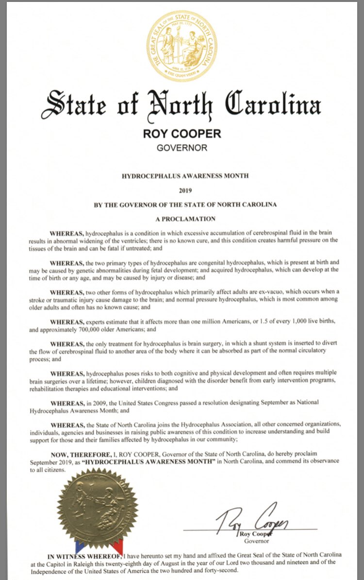 HAWALK_CLT's tweet photo. โขOn Aug 29, the #CLTCommNet received email notification that NC Governor .@NC_Governor Roy Cooper signed the NC proclamation that September is Hydrocephalus Awareness Month. #Hydrocephalus #HAM2019 https://t.co/JCiviygNfs
