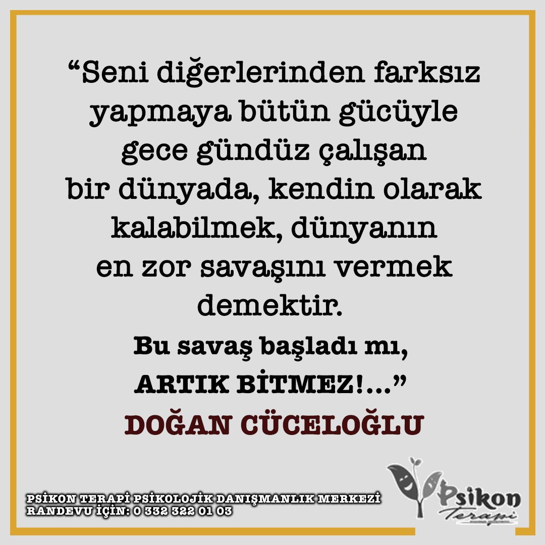 Mutlu Haftalar!
psikonterapi.com
PSİKON TERAPİ PSİKOLOJİK DANIŞMANLIK MERKEZİ
RANDEVU İÇİN: 0 332 322 01 03 
#Pazartesi #konya #psikonterapi #savaşçı #psikoterapi #psikoloji #psikolojikdestek #psikolojikyardım #psikolojipaylaşımları #psikon #terapi #mutluyaşam #tavsiye
