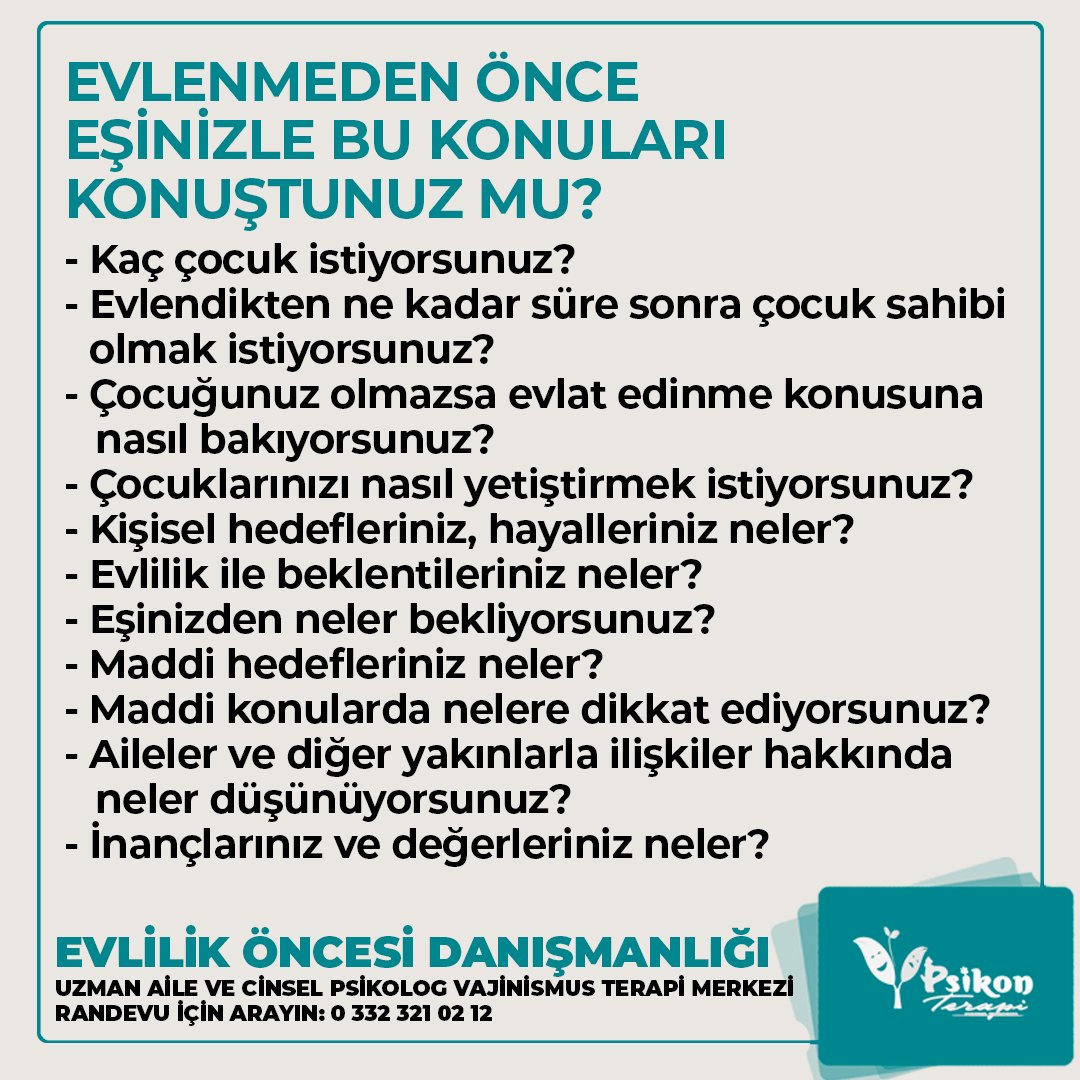 EVLENMEDEN ÖNCE EŞİNİZLE BU KONULARI KONUŞTUNUZ MU?
EVLİLİK ÖNCESİ DANIŞMANLIK
psikologkonya.org/evlilik-oncesi…
RANDEVU İÇİN BİZİ ARAYIN: 0 332 321 02 12
Uzman Aile ve Cinsel Psikolog Vajinismus Terapi Merkezi
#Pazartesi #psikonterapi #konya #evliliköncesidanışmanlık #eşler #evlilik