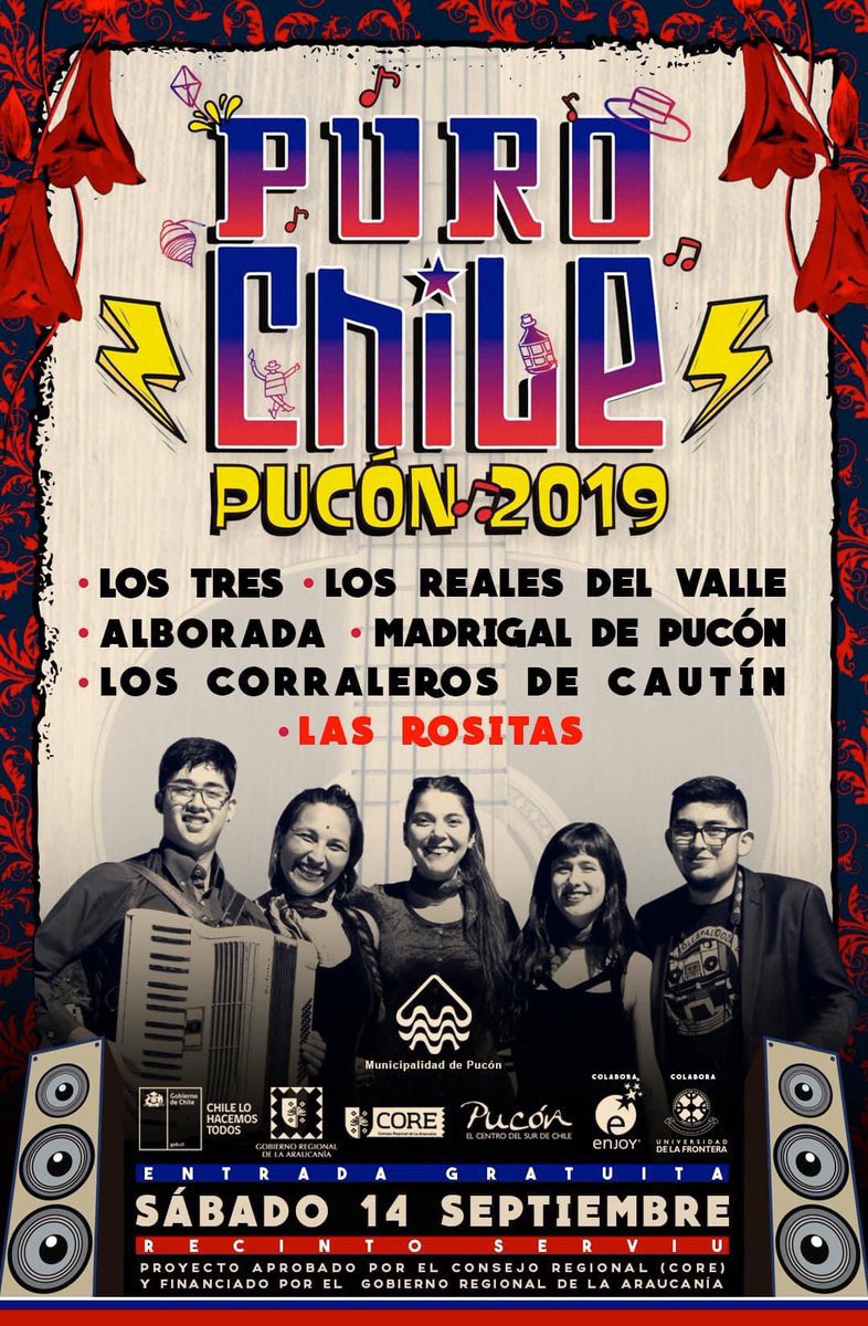 ParaPucon's tweet photo. ⚡️🇨🇱“PURO CHILE PUCÓN 2019”🇨🇱⚡️
En vivo:
⚡️LOS TRES
⚡️ALBORADA
⚡️LOS REALES DEL VALLE 
⚡️CORRALEROS DE CAUTÍN 
⚡️MADRIGAL DE PUCÓN 
⚡️LAS ROSITAS
Y MUCHO MÁS... 
SÁBADO 14 DE SEPTIEMBRE 
ENTRADA LIBERADA!! 
Actividades todo el día! 
Lugar: RECINTO SERVIU
Av. Colo Colo. https://t.co/hI0MQPXAs3