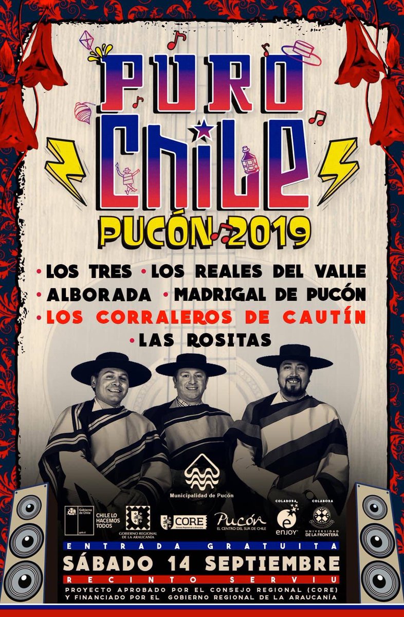 ParaPucon's tweet photo. ⚡️🇨🇱“PURO CHILE PUCÓN 2019”🇨🇱⚡️
En vivo:
⚡️LOS TRES
⚡️ALBORADA
⚡️LOS REALES DEL VALLE 
⚡️CORRALEROS DE CAUTÍN 
⚡️MADRIGAL DE PUCÓN 
⚡️LAS ROSITAS
Y MUCHO MÁS... 
SÁBADO 14 DE SEPTIEMBRE 
ENTRADA LIBERADA!! 
Actividades todo el día! 
Lugar: RECINTO SERVIU
Av. Colo Colo https://t.co/mIGC5vk4KJ