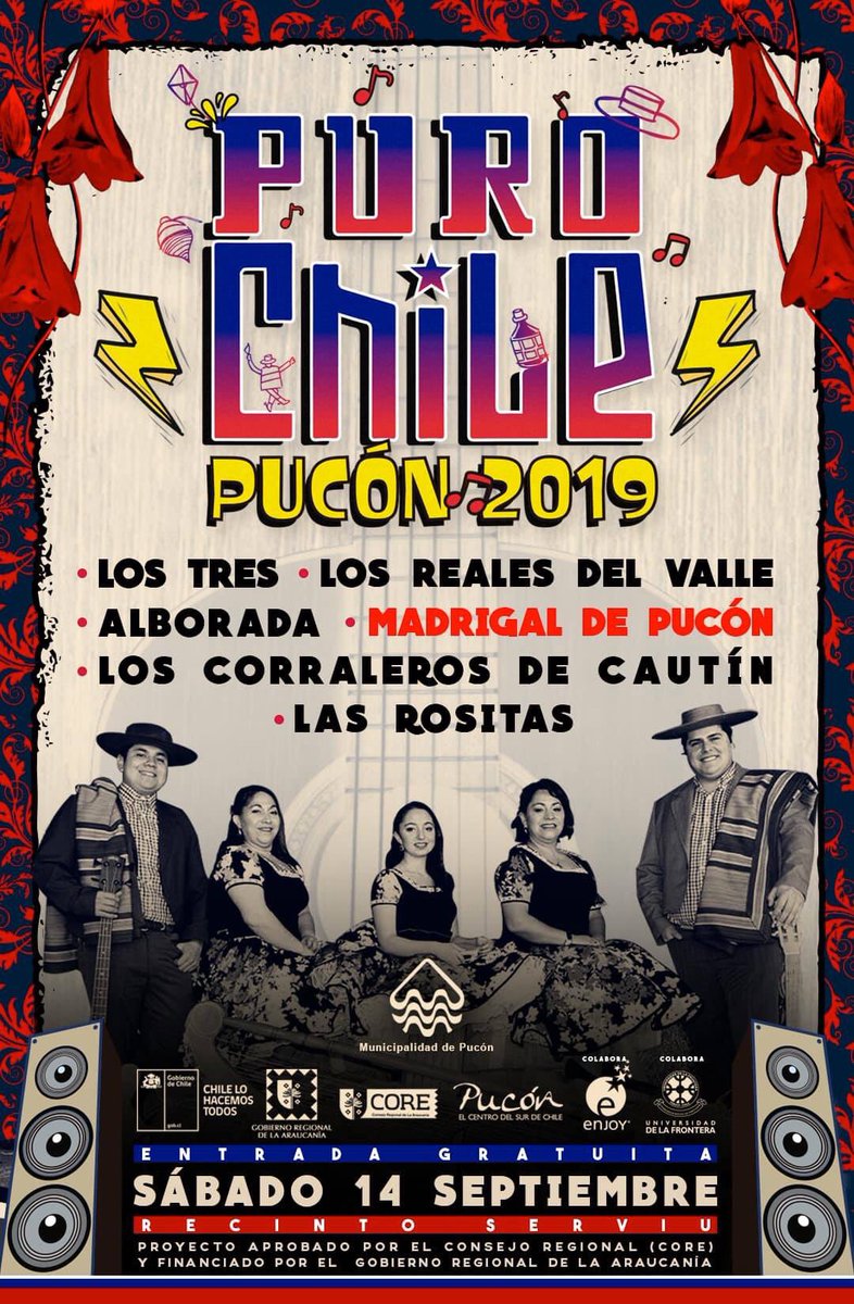 ParaPucon's tweet photo. ⚡️🇨🇱“PURO CHILE PUCÓN 2019”🇨🇱⚡️
En vivo:
⚡️LOS TRES
⚡️ALBORADA
⚡️LOS REALES DEL VALLE 
⚡️CORRALEROS DE CAUTÍN 
⚡️MADRIGAL DE PUCÓN 
⚡️LAS ROSITAS
Y MUCHO MÁS... 
SÁBADO 14 DE SEPTIEMBRE 
ENTRADA LIBERADA!! 
Actividades todo el día! 
Lugar: RECINTO SERVIU
Av. Colo Colo https://t.co/mIGC5vk4KJ