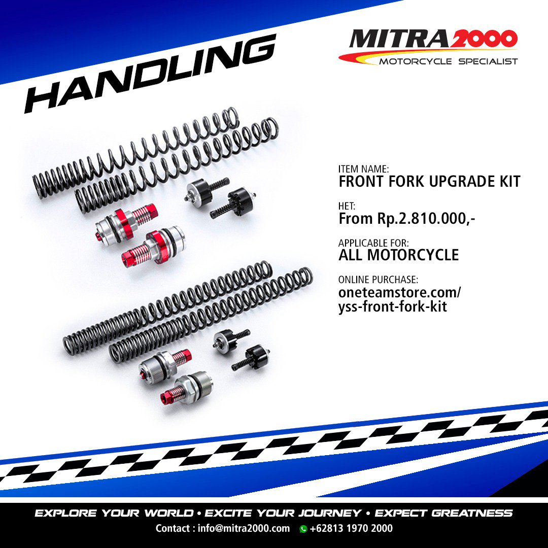 tdrmitra2000's tweet photo. YSS Front Fork Upgrade Kit untuk semua jenis motor diengkapi dengan PD Valve sehingga lebih responsive. - https://t.co/zeu8lJYRKl
.
#HighPerformanceSuspensionSystems #Handling #SuspensionSystems #FrontForkKit #OneTeamStore #GotoTheNextLevel #NextLevel #LevelUp https://t.co/L16uyUh5MD