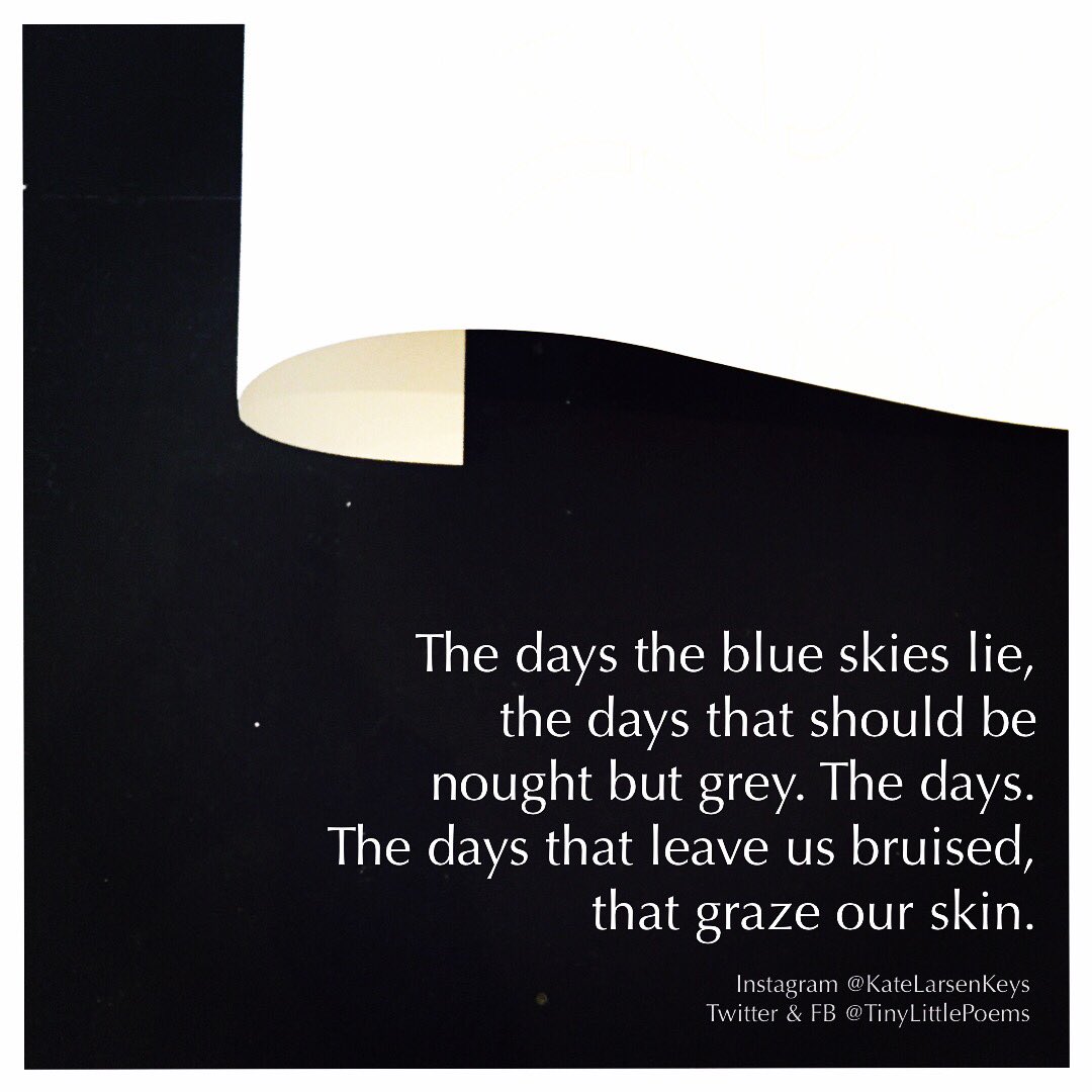 KateLarsenKeys's tweet photo. The days the blue skies lie,
the days that should be
nought but grey. The days.
The days that leave us bruised,
that graze our skin.
#TinyLittlePoem #Poetry #AdelaidePoetry #StreetsOfAdelaide https://t.co/nSL1eY9iZX