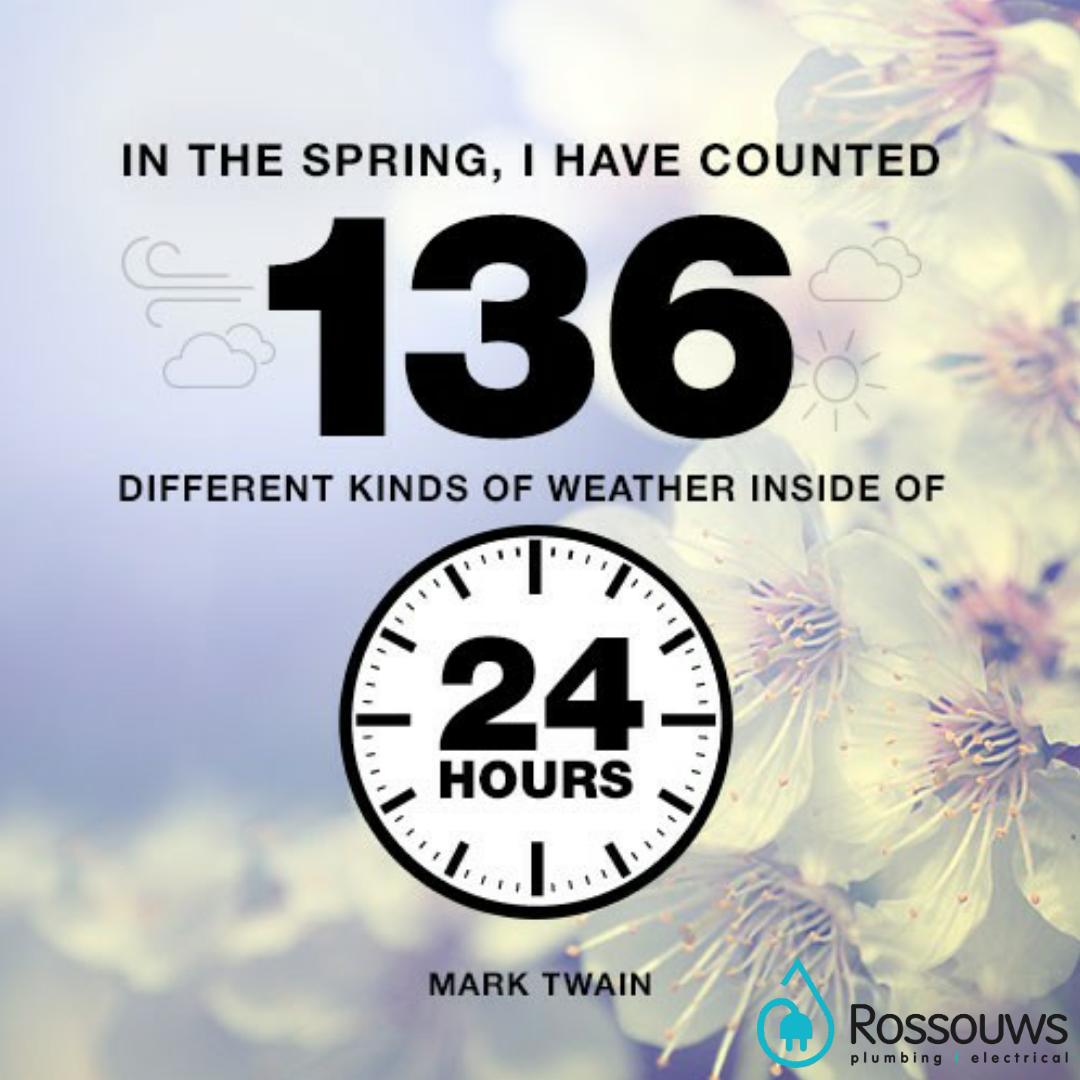 RossouwsPandE's tweet photo. “In the spring, I have counted 136 different kinds of weather inside of 24 hours.” - Mark Twain

Do you know what we can do in 24 hours? Anything plumbing or electrical related, 24/7! 

Call us today:
📲: +27(0)82-412-5399
.
.
#Bloemfontein https://t.co/Z59uxdGpbu https://t.co/HMwoI7gPUZ
