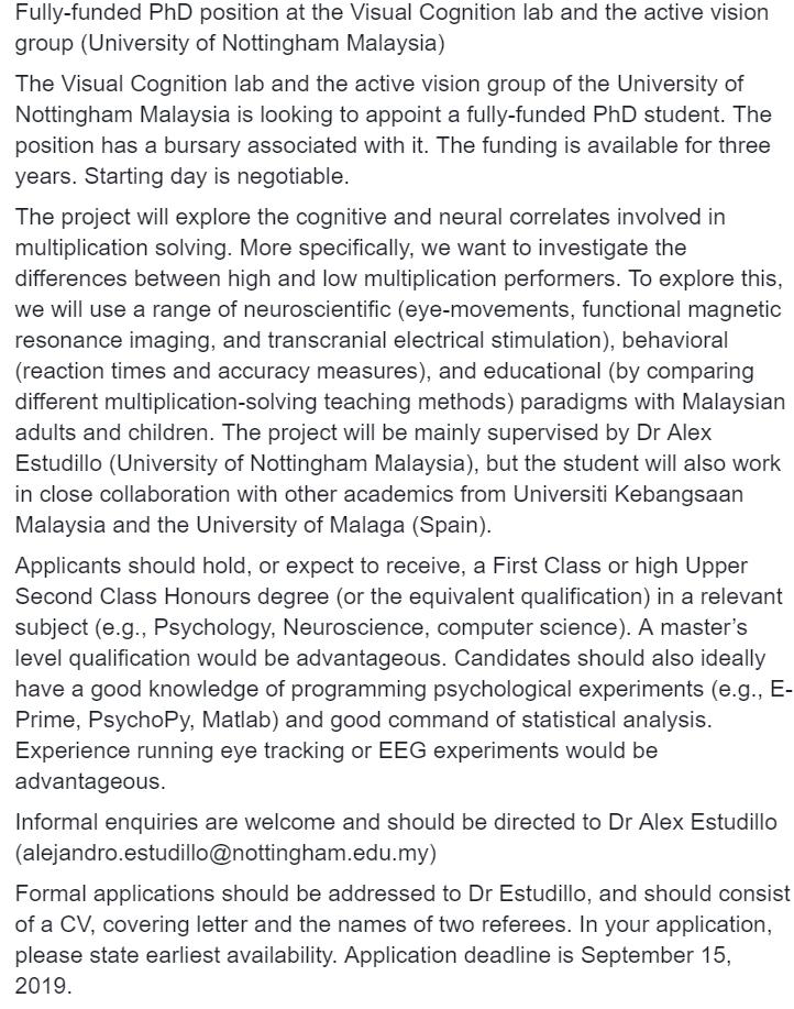AJEstudillo's tweet image. Fully funded PhD position at the University of Nottingham Malaysia in #MathematicalCognition #fmri #eyetracking #tdcs. Feel free to PM for more details.