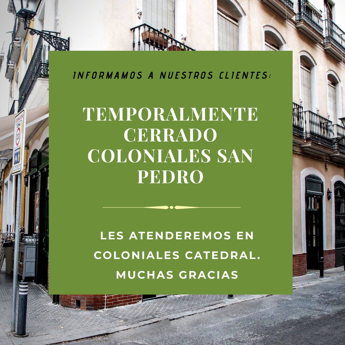 tabernacolonial's tweet photo. 📌Informamos a nuestros clientes que Coloniales San Pedro permanecerá cerrado temporalmente. Les atenderemos en Coloniales Catedral.
Muchas gracias
•
•
•
#enamoradodecoloniales #tabernacoloniales #tabernacolonialessevilla #catedraldesevilla #sevilladetapas #bar #sevilletapas https://t.co/ky9LYW6TZF