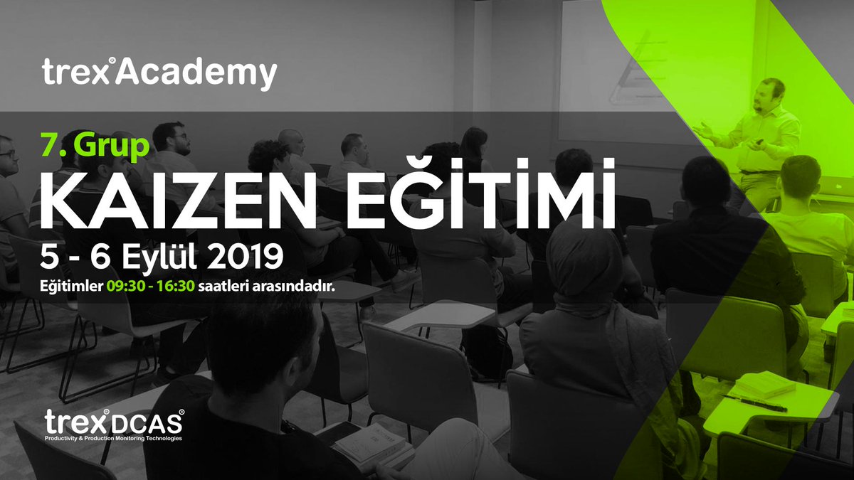 #KAIZEN eğitimlerimiz devam ediyor. ✔
5-6 Eylül 2019 tarihlerinde gerçekleşecek 7.Grup eğitimimize kayıt olmak ve eğitim detayları için 

👉 egitim.trexakademi.com

#trexakademi #kaizeneğitimi