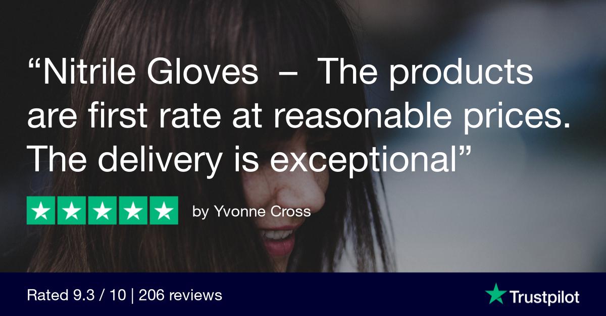 Thank you for a wonderful review Yvonne! We're glad you are happy with your #nitrilegloves 😀

#trustpilotreview #fivestarreview #disposablegloves