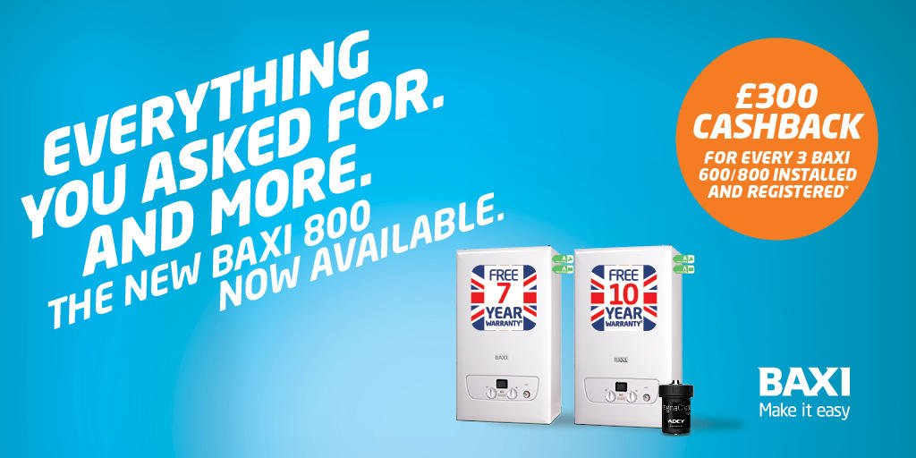 baxiboilers's tweet photo. We are very pleased to welcome the Baxi 800 Combi &amp; System boilers to the Baxi family. 👉 https://t.co/VukxVTYALk

To celebrate we are giving away £300 CASHBACK for every THREE Baxi 600/800 boilers installed &amp; registered on Baxi Works 02/09 - 02/12. 

👉 https://t.co/5iOGf82GgU https://t.co/KMzHHoYizz