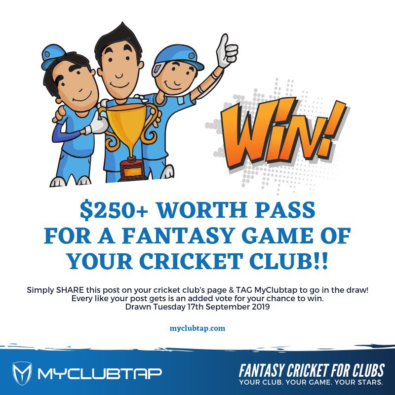 To celebrate the opening of #MyClubtap platform for 2019 soon, we're giving away a $250+ worth season pass for a #fantasycricket game of your cricket club.

Simply SHARE this post on your cricket club's page &amp; TAG MyClubtap to go in the draw for your chance to WIN! Drawn Sep 17!