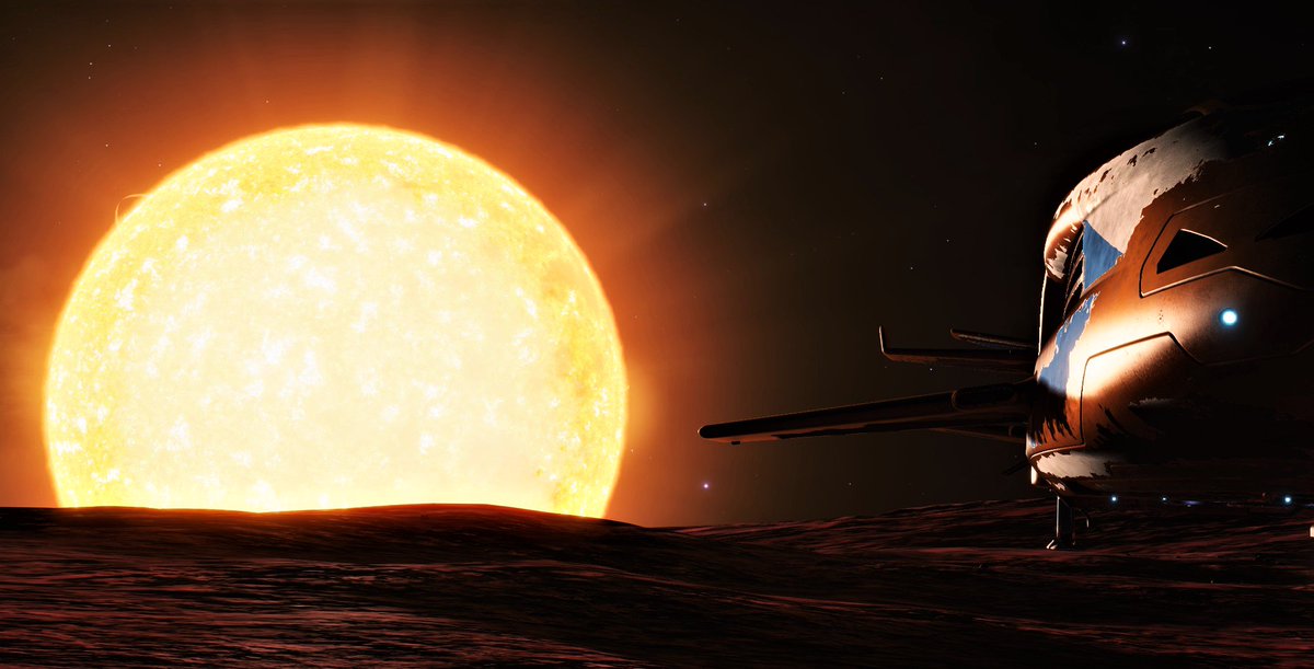 MissionFarsight's tweet photo. Captains Log MFS Day 975 - We set down near a K class supergiant as we rule out any away mission due to extreme temperatures on the surface. 
#ELitedangerous @EliteDangerous @EDSM_NET @FuelRats @DavidBraben @DeepSNetwork @CanonnResearch #Edpostcards @GalPhotoED #SPace https://t.co/fBHnUnZxXW