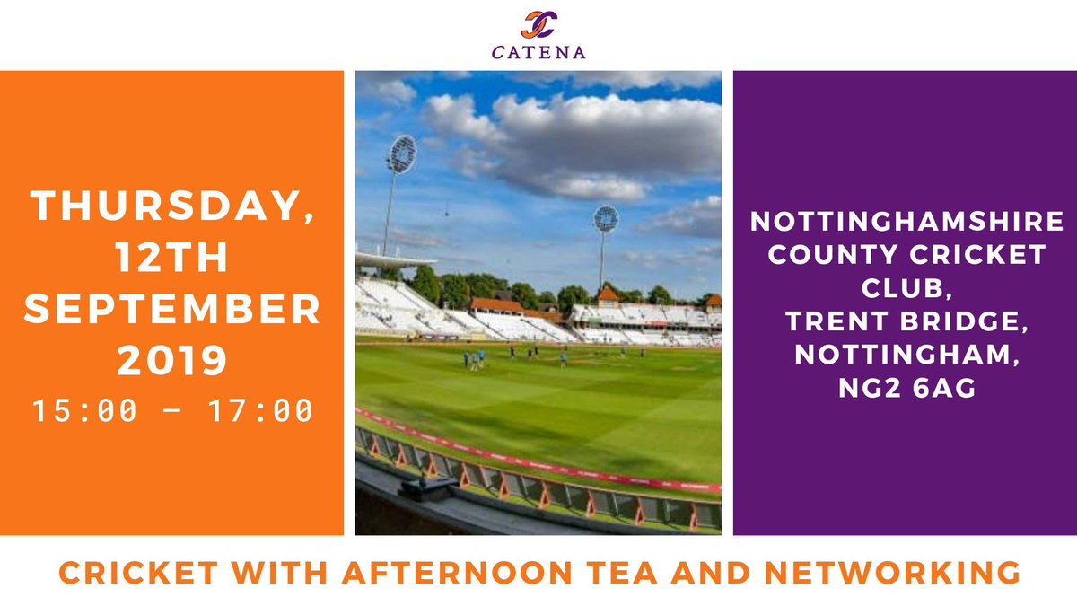 CatenaNetwork's tweet image. There’s not long left to book a place on our Afternoon Cricket Tea with Networking event! ☕️ 🏏 
Book now or miss out:
eventbrite.co.uk/e/cricket-with…
#Nottingham #NottinghamEvents #NottinghamNetworking @TrentBridge #CatenaNetwork