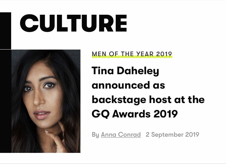 TinaDaheley's tweet image. Well this is exciting. Hosting backstage @BritishGQ awards tomorrow night 🎤