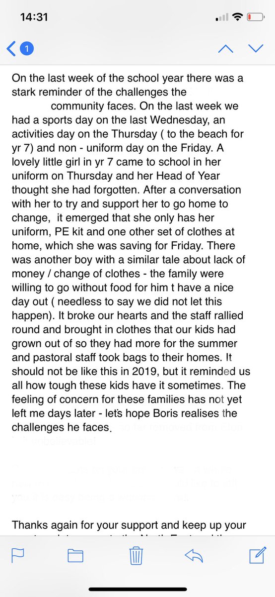 StephLunch's tweet photo. As school year starts, I want to show you part of an email a headteacher sent to me. A large proportion of this secondary school’s kids are pupil premium+some use food banks. Some have never been to their local city centre a few miles away or even to a cafe/restaurant before..... https://t.co/dzXUW2PqQr