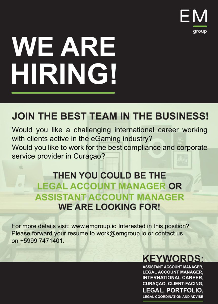 LetsTalkMoore's tweet photo. Would you like a challenging international career working with clients active in the eGaming or online industry? 
Then you could be the Assistant or Legal Account Manager we are looking for!
Please find our job spec here: https://t.co/kU5KAClFDN and contact us today.
#HiringNow https://t.co/t8w4LMExvl