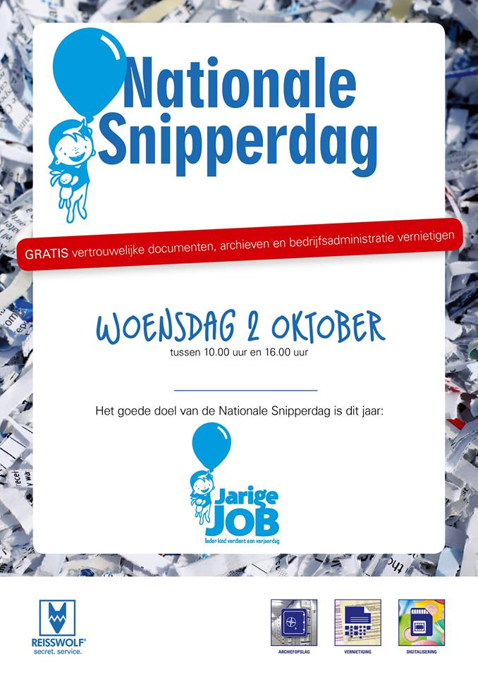 Nog precies 1 maand tot de Nationale Snipperdag. Kom op woensdag 2 oktober langs bij één van onze vestigingen en laat uw vertrouwelijk papier gratis versnipperen. De totale opbrengst gaat naar Stichting <a href="/Jarige_Job/">Stichting Jarige Job</a>.