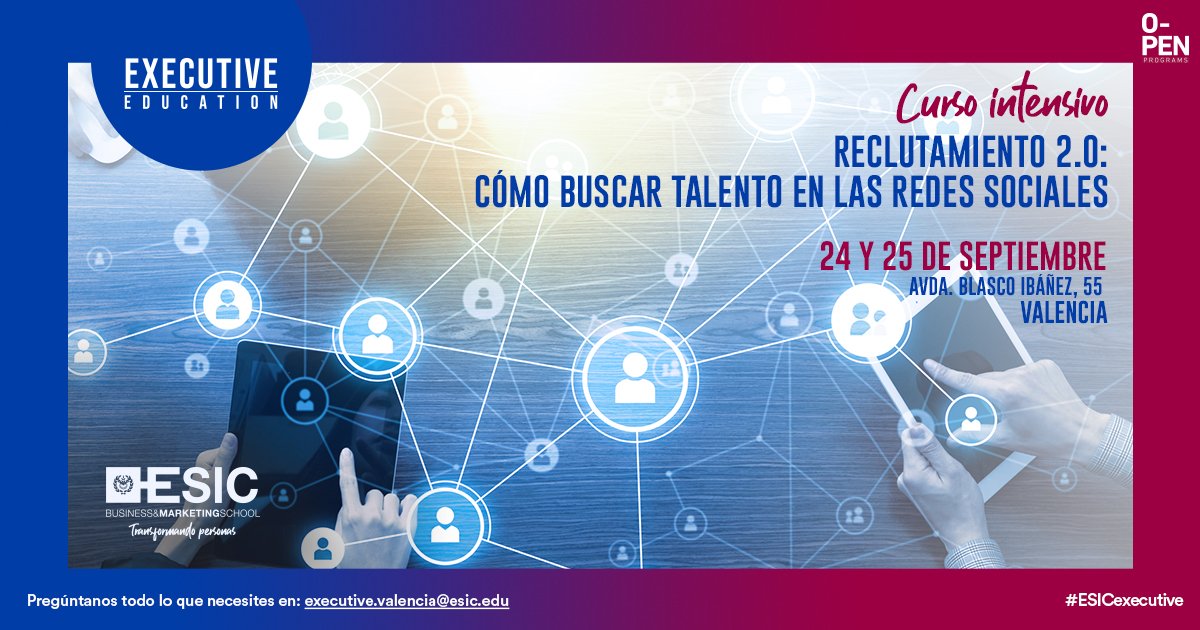 JaenMJulia's tweet photo. Las redes sociales han cambiado la manera en la que poder detectar y atraer talento a la empresa. Infórmate en: https://t.co/eUDA1nYm5u @ESICValencia #esicvalencia #openprograms #cursosintensivos #talento #RRHH #redessociales #personas #personal @isa_iglesias_al https://t.co/pSeeW538gZ