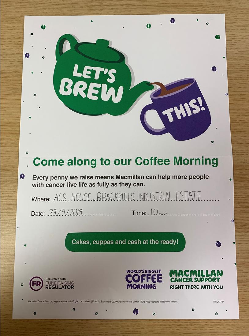 acs365's tweet photo. Join us at @acs365 on 27/9/2019 at 10am for a @macmillancancer #Coffeemorning .

Come and enjoy a slice of cake, a hot drink and some fun games!!

#acs #weareworkplace #acs365 https://t.co/bZ82N0ESbR