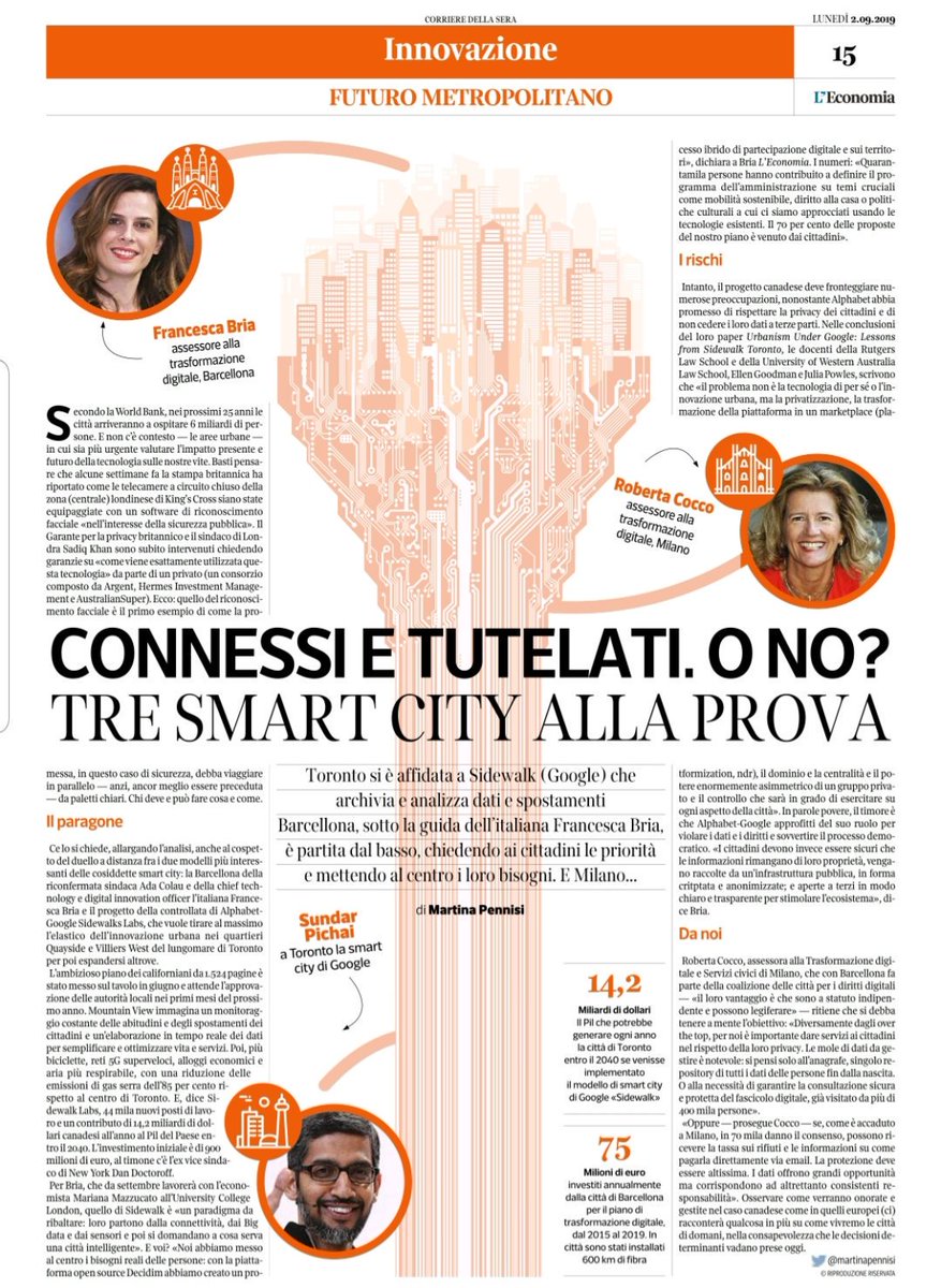 francesca_bria's tweet photo. Read my interview on today's @Corriere about my work in Barcelona, building a digital city that puts people first, based around rights and data sovereignty @L_Economia @martinapennisi https://t.co/TNfBz5arUY