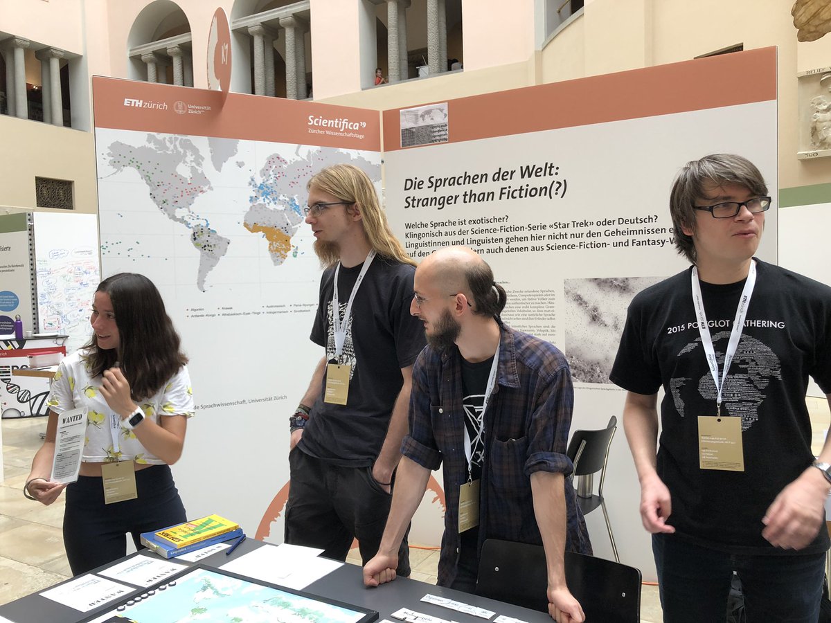 DeptCompLangSci's tweet photo. The languages of the world: stranger than fiction(?) Our @DeptCompLing stand at #Scientifica19!
Special thanks to Chundra Cathcart, André Müller, Stefan Dedio and Ruben Mögel for organising! https://t.co/dCpBO0QkSp